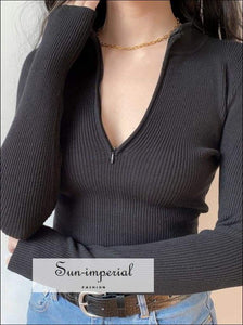 Sun-imperial Deep V Neck Center Zipper Women Long Sleeve Sweater Slim Cut Knit Basic style, fall outfit, knit, knitted, long sleeve 