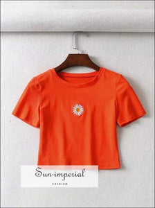 Sun-imperial Embroidery Daisy Fit Crop Tee Short Sleeved Slim T-shirt High Street Fashion SUN-IMPERIAL United States