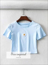 Sun-imperial Embroidery Daisy Fit Crop Tee Short Sleeved Slim T-shirt High Street Fashion SUN-IMPERIAL United States