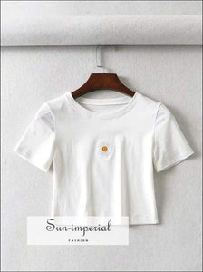 Sun-imperial Embroidery Daisy Fit Crop Tee Short Sleeved Slim T-shirt High Street Fashion SUN-IMPERIAL United States