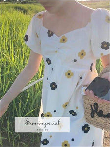 Sun-imperial Embroidery Flower Short Korea Dress White Sweet Women Heart V Neck Puff Sleeve SUN-IMPERIAL United States