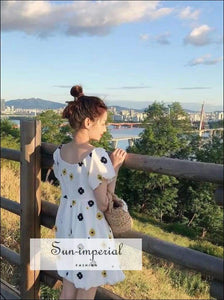 Sun-imperial Embroidery Flower Short Korea Dress White Sweet Women Heart V Neck Puff Sleeve SUN-IMPERIAL United States