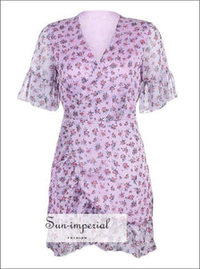 Sun-imperial Flare Sleeve Foral Ruffles Chiffon Wrap Dress V Neck Slim Waist Summer Women Dress