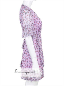 Sun-imperial Flare Sleeve Foral Ruffles Chiffon Wrap Dress V Neck Slim Waist Summer Women Dress