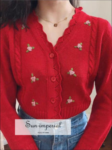 Sun-imperial Floral Knitted Cardigan Spring Buttoned V Neck Lace Short Sweaters Casual Slim cardigan, floral print, flower flowers knit 