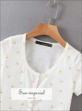 Sun-imperial Floral Print Fitted Ribbed Eyelet Crop top Button Down Short Sleeved T-shirt High