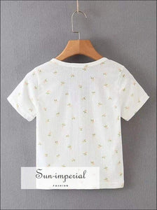 Sun-imperial Floral Print Fitted Ribbed Eyelet Crop top Button Down Short Sleeved T-shirt High