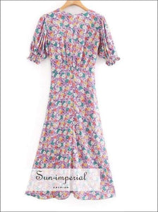 Sun-imperial Floral Printed Midi Dresses Women V Neck Puff Sleeve High Waist Summer Ladies Dress vintage SUN-IMPERIAL United States