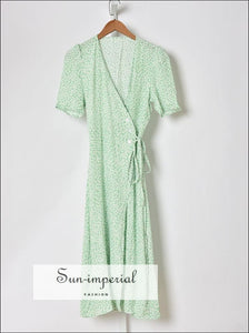 Sun-imperial Green Floral Tie side Buttoned Down Warp Midi Dress vintage style SUN-IMPERIAL United States