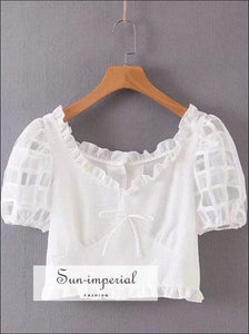 Sun-imperial Gauze Split Joint Lace Puff Sleeve Woman Shirts V Neck Bow Short Girls Short Tops