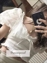 Sun-imperial Gauze Split Joint Lace Puff Sleeve Woman Shirts V Neck Bow Short Girls Short Tops