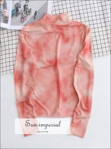 Sun-imperial High Neck Pink Tie Dye Mesh top with Frill Trimming High Street Fashion