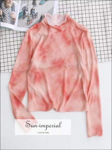 Sun-imperial High Neck Pink Tie Dye Mesh top with Frill Trimming High Street Fashion