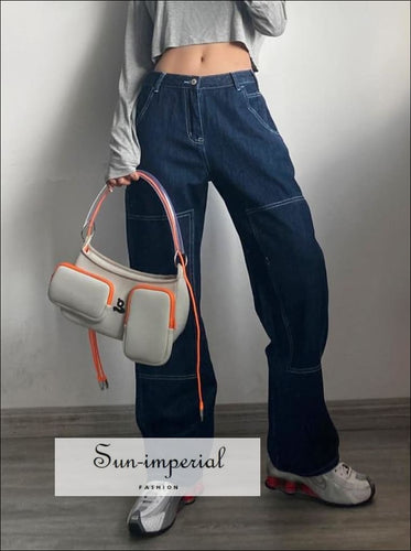 Sun-imperial High Rise Contrast Stitching Straight Leg Jean Dark Wash Relaxed Fit Women Denim Pants street style, women denim SUN-IMPERIAL 