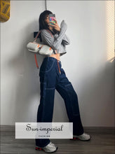 Sun-imperial High Rise Contrast Stitching Straight Leg Jean Dark Wash Relaxed Fit Women Denim Pants street style, women denim SUN-IMPERIAL 