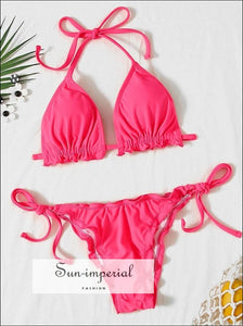 Sun-imperial Hot Pink Bikini Lettuce Trim Padded Halter Tie side Swimsuit Sun-Imperial United States