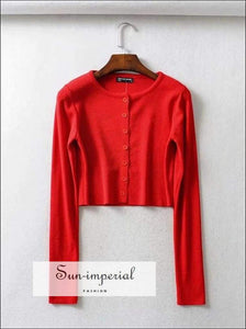 Sun-imperial Knit Button up Crop Cardigans O Neck Lightweight Matching Buttons Sweater Crop Knitting