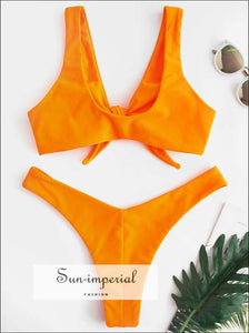 Sun-imperial Knotted Padded Thong Bikini Swimwear Women Mid Waisted Solid Scoop Neck Brazilian SUN-IMPERIAL United States