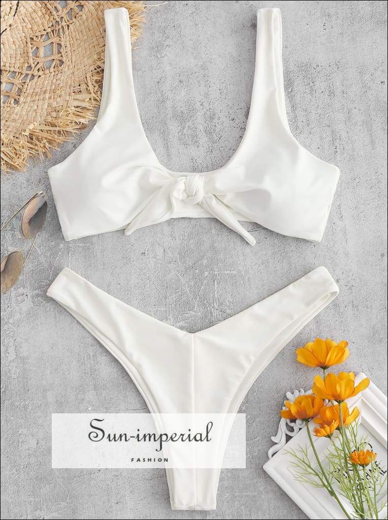 Sun-imperial Knotted Padded Thong Bikini Swimwear Women Mid Waisted Solid Scoop Neck Brazilian SUN-IMPERIAL United States