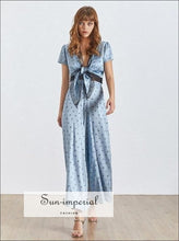 Lace polka dot two-piece set with V-neck top and pants