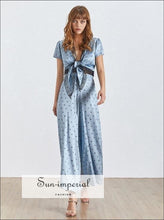 Lace polka dot two-piece set with V-neck top and pants