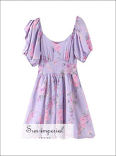 Sun-imperial Lavender Floral Print Ball Gown Dress Puff Short Sleeve Bow Tie Waist Maxi Dress
