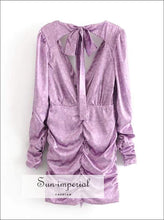 Sun-imperial Lavender Floral Print Ruched Bust Vintage Warp Dress Bow Tie Long Puff Sleeve Mini