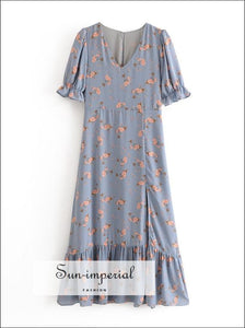 Sun-imperial Lavender Floral Vintage Dress Short Flare Sleeve Maxi with front Split SUN-IMPERIAL United States