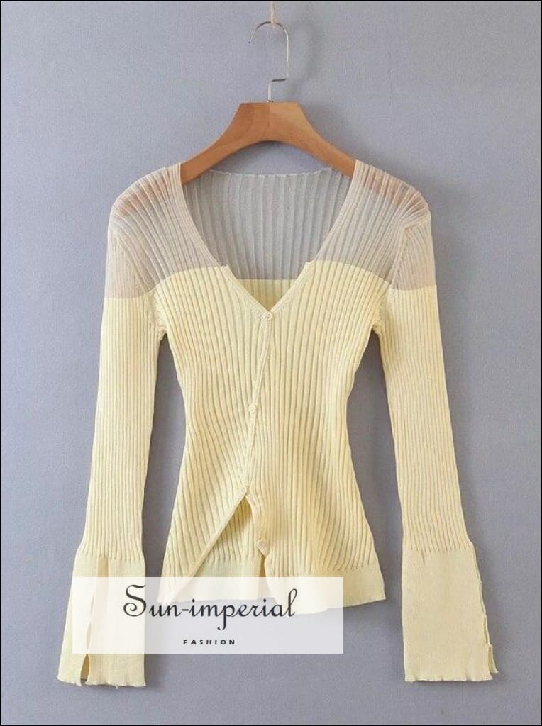 Sun-imperial Navy V Neck Contrast Panel Ribbed Knit Cardigan with Asymmetric Hem street style, Unique style SUN-IMPERIAL United States