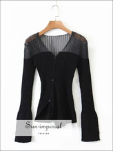 Sun-imperial Navy V Neck Contrast Panel Ribbed Knit Cardigan with Asymmetric Hem street style, Unique style SUN-IMPERIAL United States