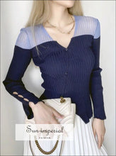 Sun-imperial Navy V Neck Contrast Panel Ribbed Knit Cardigan with Asymmetric Hem street style, Unique style SUN-IMPERIAL United States