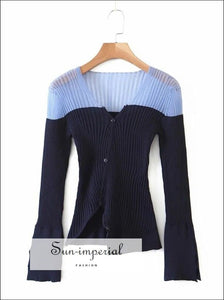 Sun-imperial Navy V Neck Contrast Panel Ribbed Knit Cardigan with Asymmetric Hem street style, Unique style SUN-IMPERIAL United States