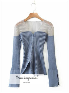 Sun-imperial Navy V Neck Contrast Panel Ribbed Knit Cardigan with Asymmetric Hem street style, Unique style SUN-IMPERIAL United States