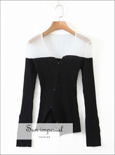 Sun-imperial Navy V Neck Contrast Panel Ribbed Knit Cardigan with Asymmetric Hem street style, Unique style SUN-IMPERIAL United States