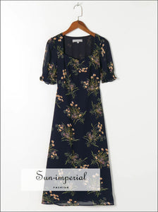 Sun-imperial Navy Vintage Ruffled Decor Short Puff Sleeve Chiffon Floral Print Midi Dress with bohemian style, boho harajuku With Ruched 