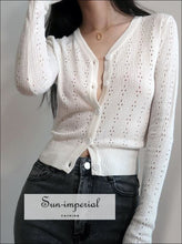 Sun-imperial Navy Women Knitted Lace Long Sleeve Sweater V Neck Korean Style Solid Cardigan cardigan, fall outfit, knit, knitted, knotted 