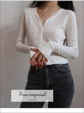 Sun-imperial Navy Women Knitted Lace Long Sleeve Sweater V Neck Korean Style Solid Cardigan cardigan, fall outfit, knit, knitted, knotted 
