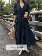 Sun-imperial new Vintage Puff Sleeve Women Dresses V-neck High Waist Lace up Solid Color Summer Long vintage SUN-IMPERIAL United States