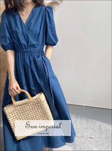 Sun-imperial new Vintage Puff Sleeve Women Dresses V-neck High Waist Lace up Solid Color Summer Long vintage SUN-IMPERIAL United States