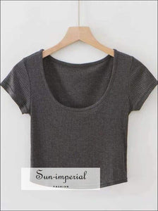 Sun-imperial O Neck Ribbed Crop Tee Fitted Crop T-shirt Summer Crop top High Street Fashion