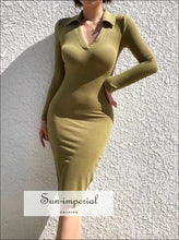 Open-Collar Ribbed Long-Sleeve Bodycon Midi Dress - Sun Imperial product photo 1