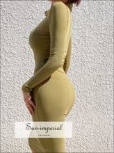 Open-Collar Ribbed Long-Sleeve Bodycon Midi Dress - Sun Imperial product photo 4