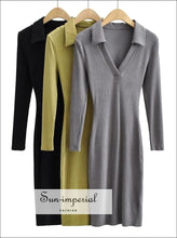 Open-Collar Ribbed Long-Sleeve Bodycon Midi Dress - Sun Imperial product photo 5