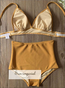 Sun-imperial Orange Plaid 2 Piece Bikini Set Beach Swimwear V Neck High Waist Vintage bikini, bikini set, checkered, gingham, grid 