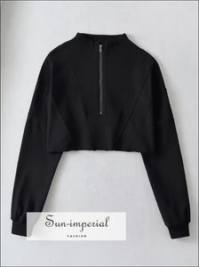 Sun-imperial Oversized Half Zip Cropped Sweatshirt Drop Shoulder With Raw Hem Detail Basic style, casual chick sexy harajuku Sun-Imperial
