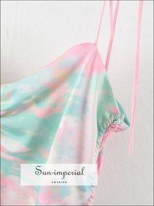 Sun-imperial Pink and Green Tie Dye Strap Flower Print side Drawstring Dress