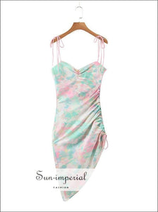 Sun-imperial Pink and Green Tie Dye Strap Flower Print side Drawstring Dress