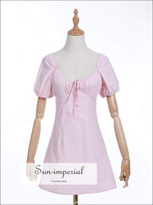 Sun-imperial Pink Buttoned Lace Tie Ruched Bust front V Neck Puff Short Sleeve Mini
