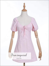 Sun-imperial Pink Buttoned Lace Tie Ruched Bust front V Neck Puff Short Sleeve Mini