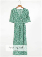 Sun-imperial Polka Dot Print Women Midi Dress Spring V Neck Buttoned Short Sleeve Vintage Vacation dot, dot print, dress, High quality midi 